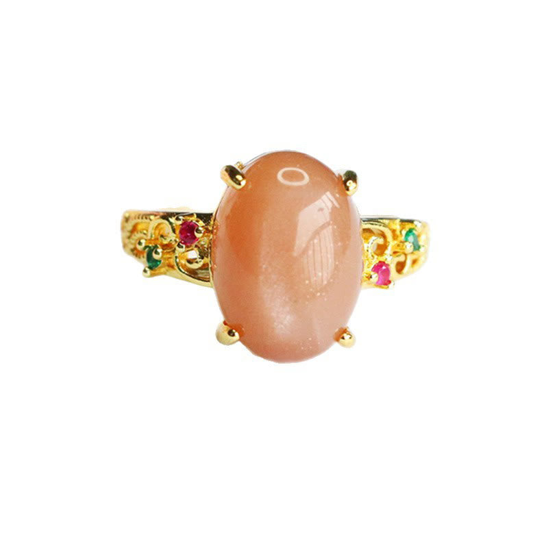 Satori Totem Hollow Vine Design Peach Moonstone Adjustable Happiness Ring