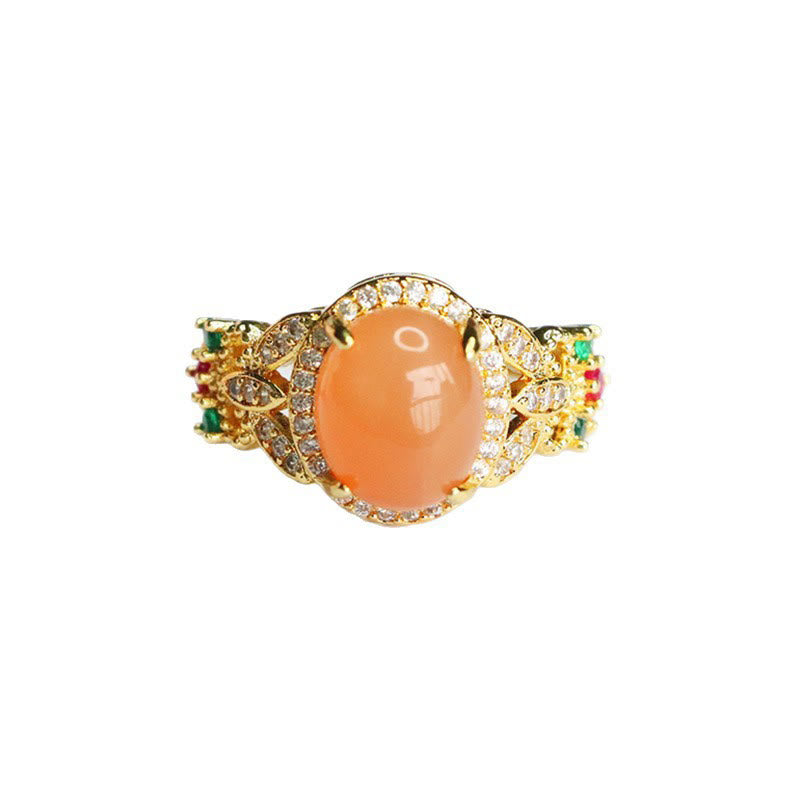 Satori Totem Vintage Prong Setting Four Leaf Flower Design Peach Moonstone Adjustable Soothing Ring