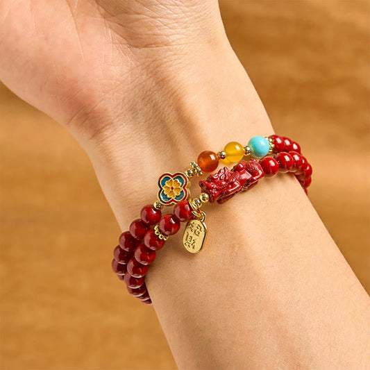 Satori Totem Cinnabar PiXiu Fu Character Blessing Double Wrap Bracelet