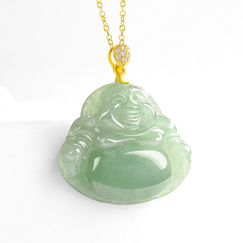 Satori Totem 925 Sterling Silver Natural Jade Maitreya Buddha Necklace Pendant