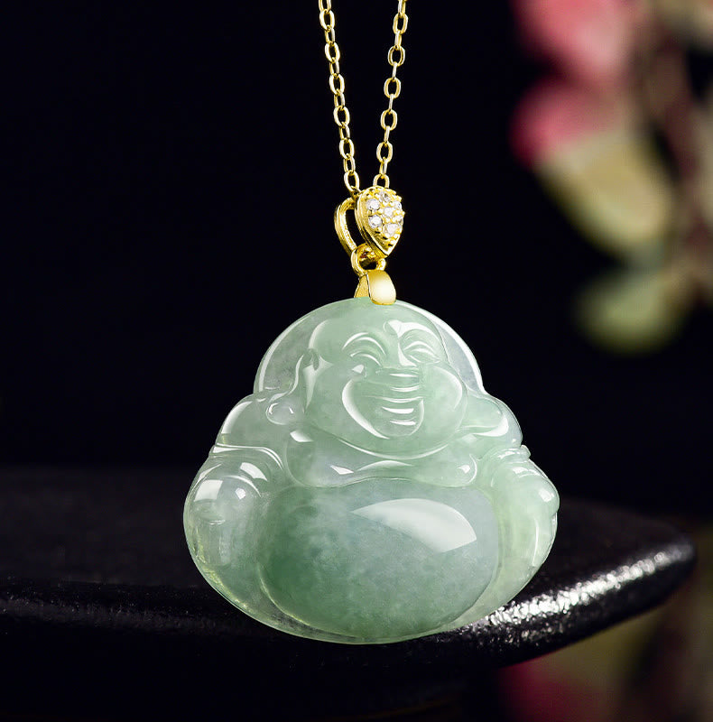 Satori Totem 925 Sterling Silver Natural Jade Maitreya Buddha Necklace Pendant