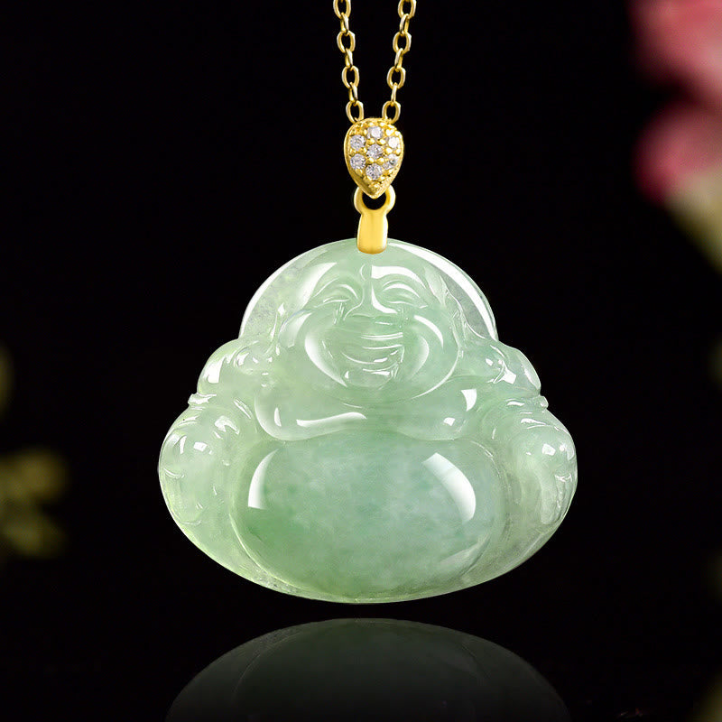 Satori Totem 925 Sterling Silver Natural Jade Maitreya Buddha Necklace Pendant
