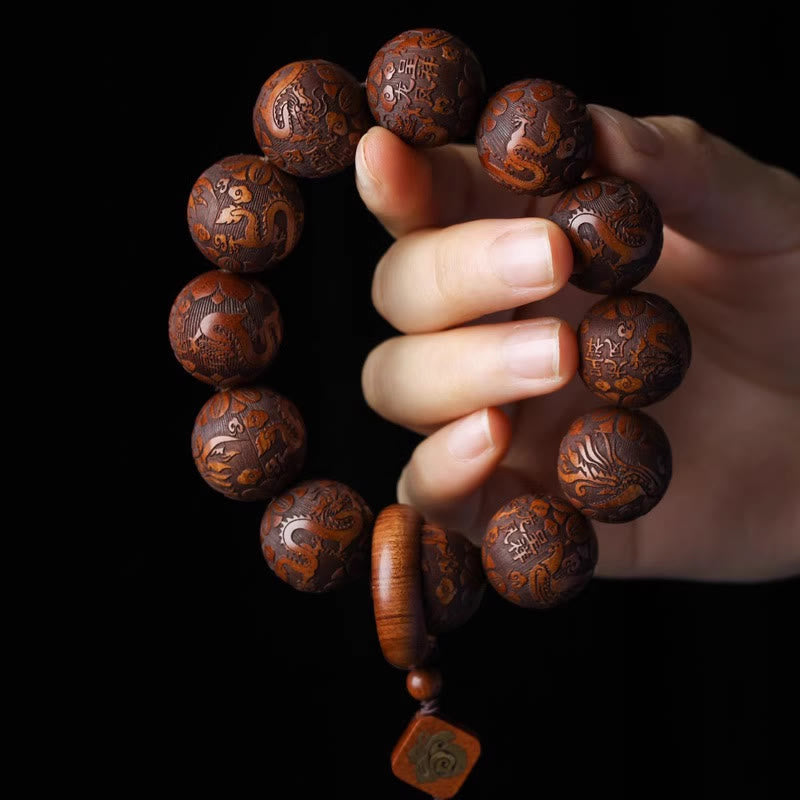 Satori Totem Natural Carving Dragon And Phoenix Fu Character Gourd Rosewood Beads Warmth Bracelet