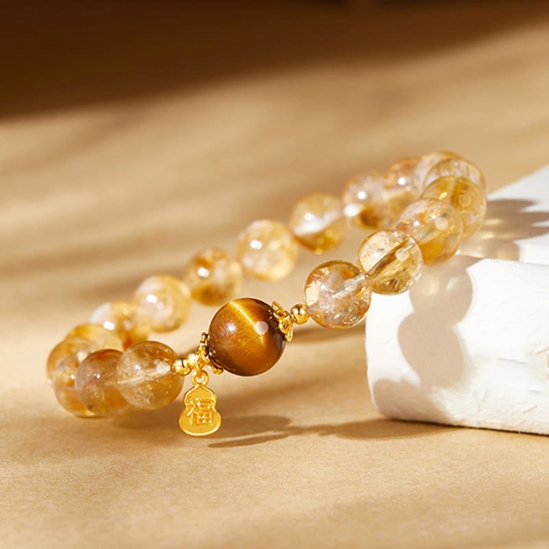 Satori Totem Sterling Silver Gourd Fu Character Citrine Tiger's Eye Prosperity Bracelet