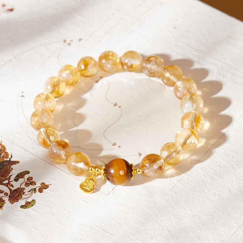 Satori Totem Sterling Silver Gourd Fu Character Citrine Tiger's Eye Prosperity Bracelet