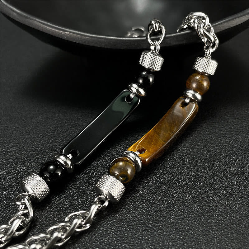 Satori Totem Tiger Eye Black Obsidian Stone Titanium Steel Strength Buckle Bracelet