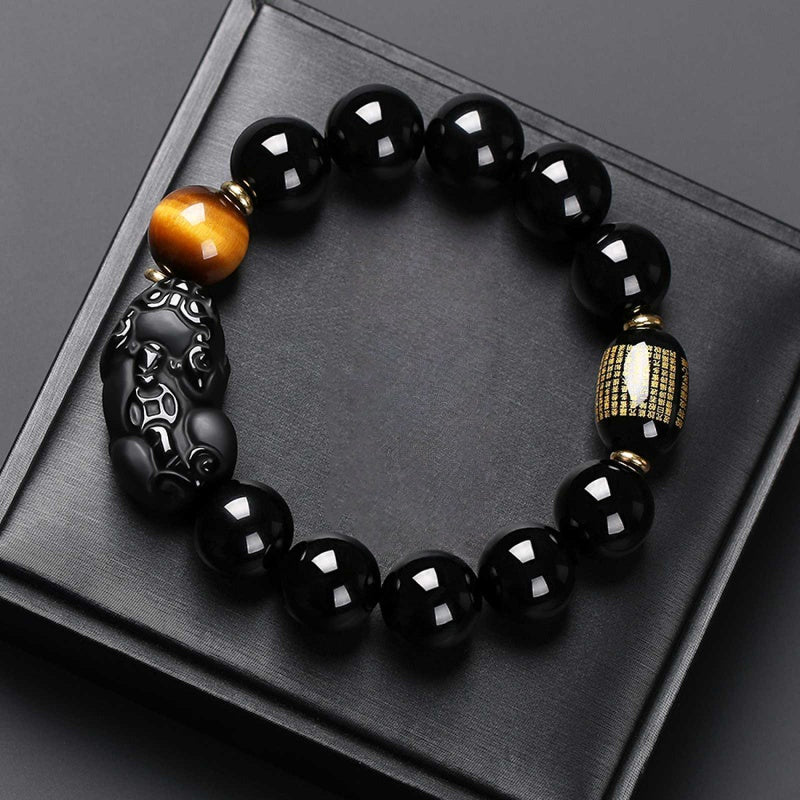 Satori Totem Black Obsidian/Gold Obsidian PiXiu Heart Sutra Protection Bracelet