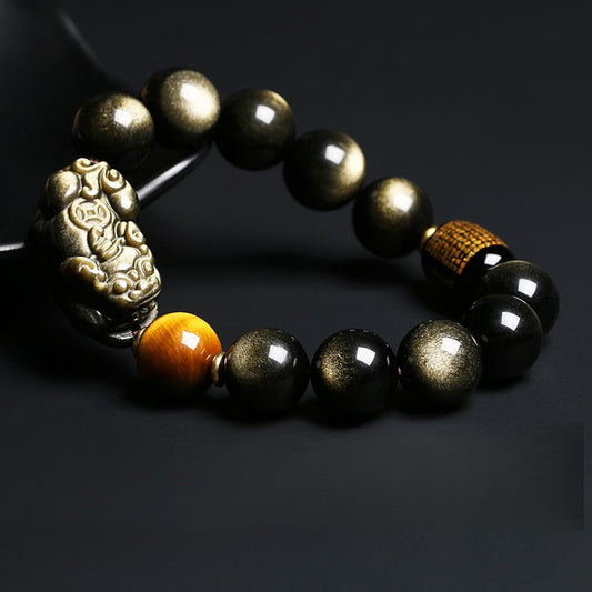 Satori Totem Black Obsidian/Gold Obsidian PiXiu Heart Sutra Protection Bracelet