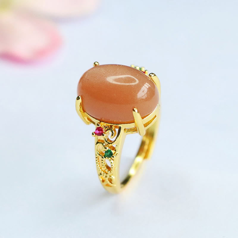Satori Totem Hollow Vine Design Peach Moonstone Adjustable Happiness Ring