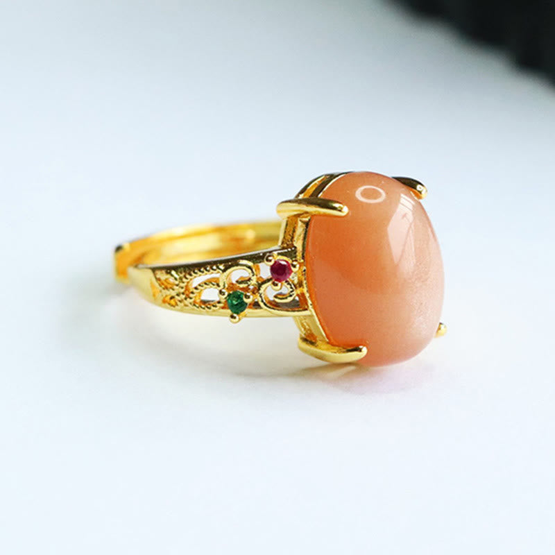 Satori Totem Hollow Vine Design Peach Moonstone Adjustable Happiness Ring
