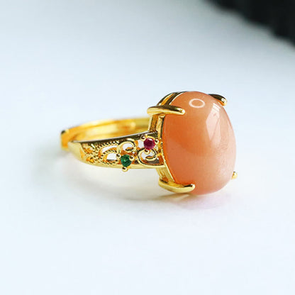 Satori Totem Hollow Vine Design Peach Moonstone Adjustable Happiness Ring