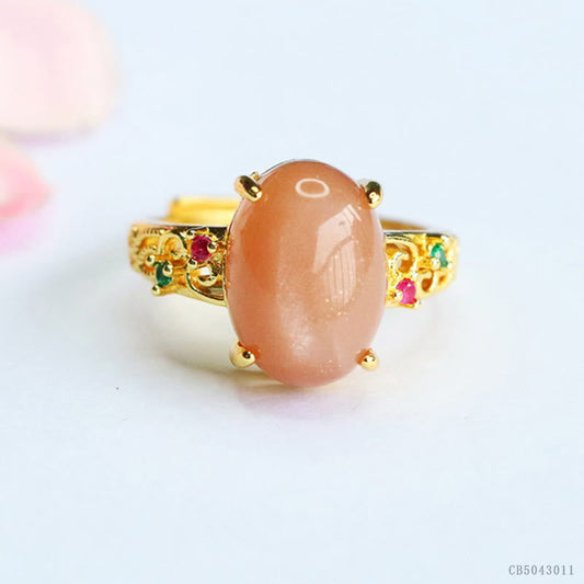 Satori Totem Hollow Vine Design Peach Moonstone Adjustable Happiness Ring