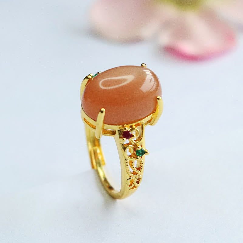 Satori Totem Hollow Vine Design Peach Moonstone Adjustable Happiness Ring