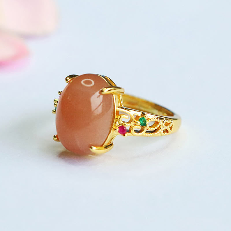 Satori Totem Hollow Vine Design Peach Moonstone Adjustable Happiness Ring