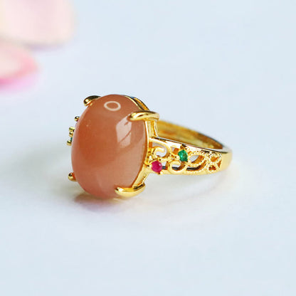 Satori Totem Hollow Vine Design Peach Moonstone Adjustable Happiness Ring