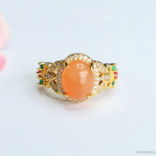 Satori Totem Vintage Prong Setting Four Leaf Flower Design Peach Moonstone Adjustable Soothing Ring