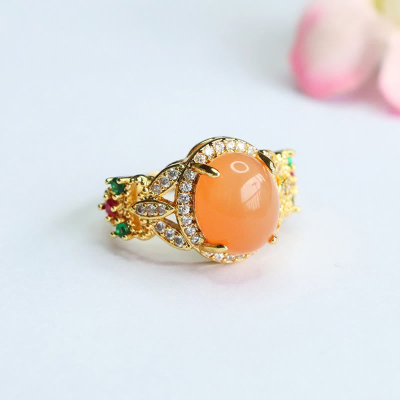 Satori Totem Vintage Prong Setting Four Leaf Flower Design Peach Moonstone Adjustable Soothing Ring