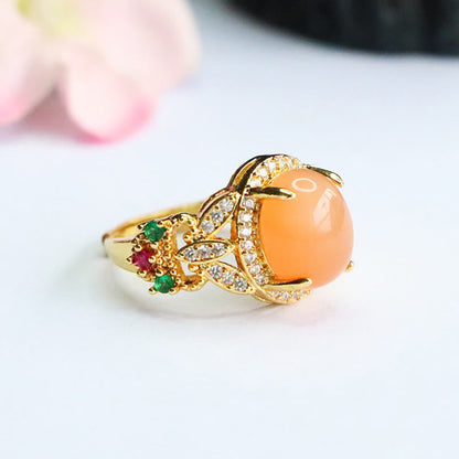 Satori Totem Vintage Prong Setting Four Leaf Flower Design Peach Moonstone Adjustable Soothing Ring