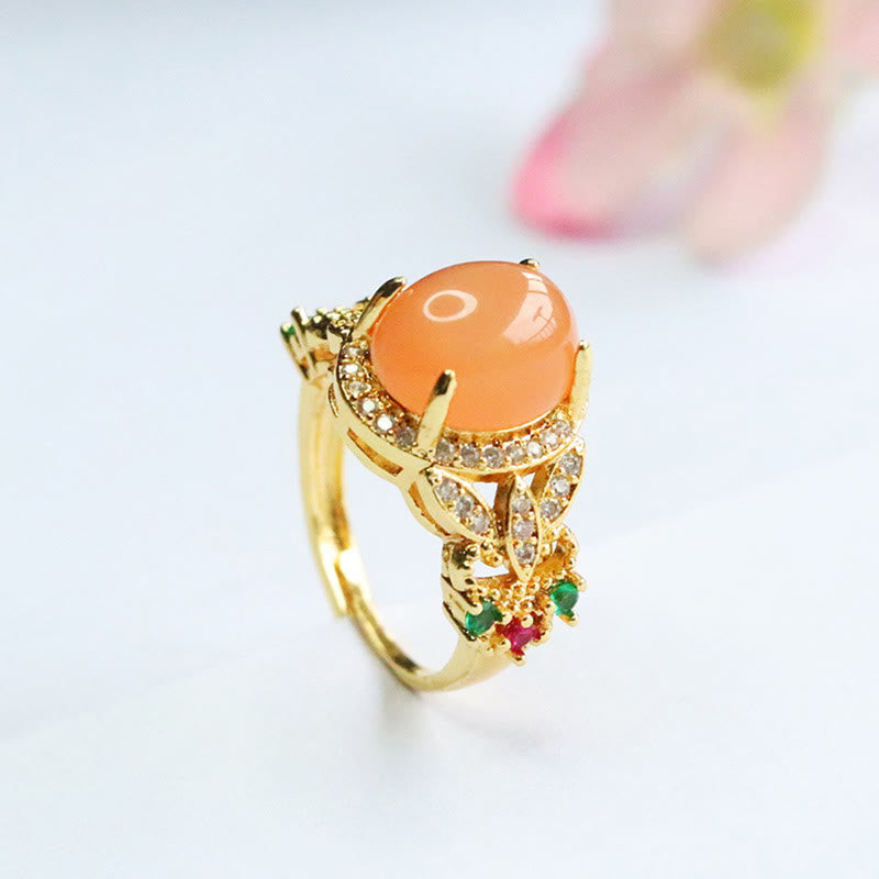 Satori Totem Vintage Prong Setting Four Leaf Flower Design Peach Moonstone Adjustable Soothing Ring