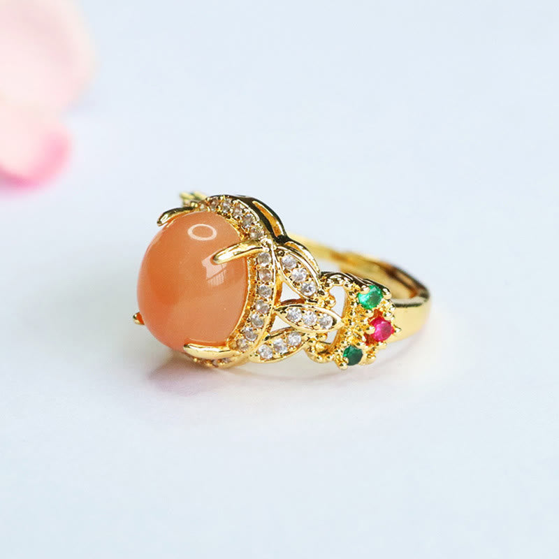 Satori Totem Vintage Prong Setting Four Leaf Flower Design Peach Moonstone Adjustable Soothing Ring