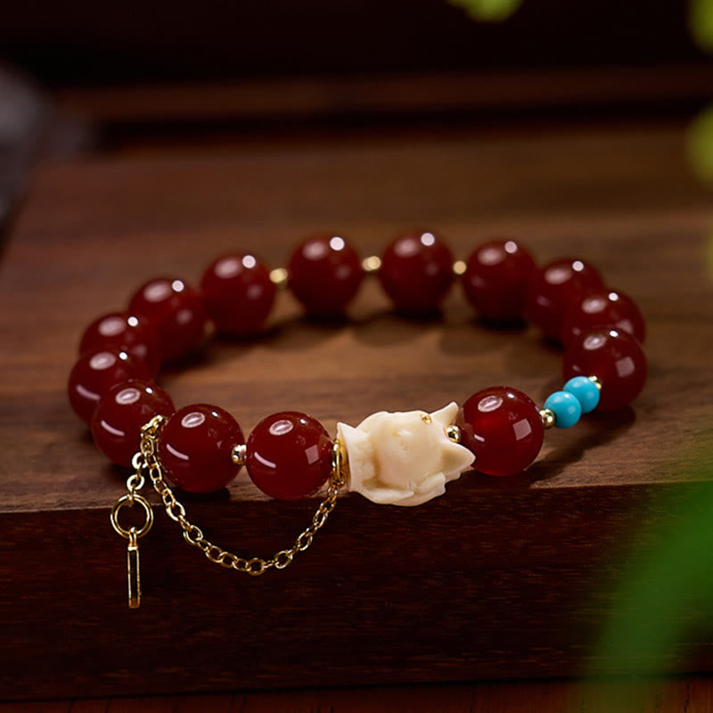 Satori Totem Nine Tailed Fox Joy Red Agate Ivory Fruit Copper Plated Gold Confidence Bracelet