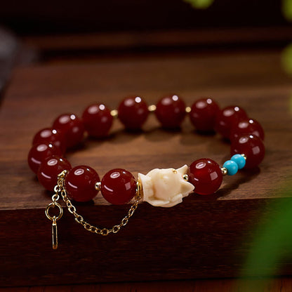 Satori Totem Nine Tailed Fox Joy Red Agate Ivory Fruit Copper Plated Gold Confidence Bracelet