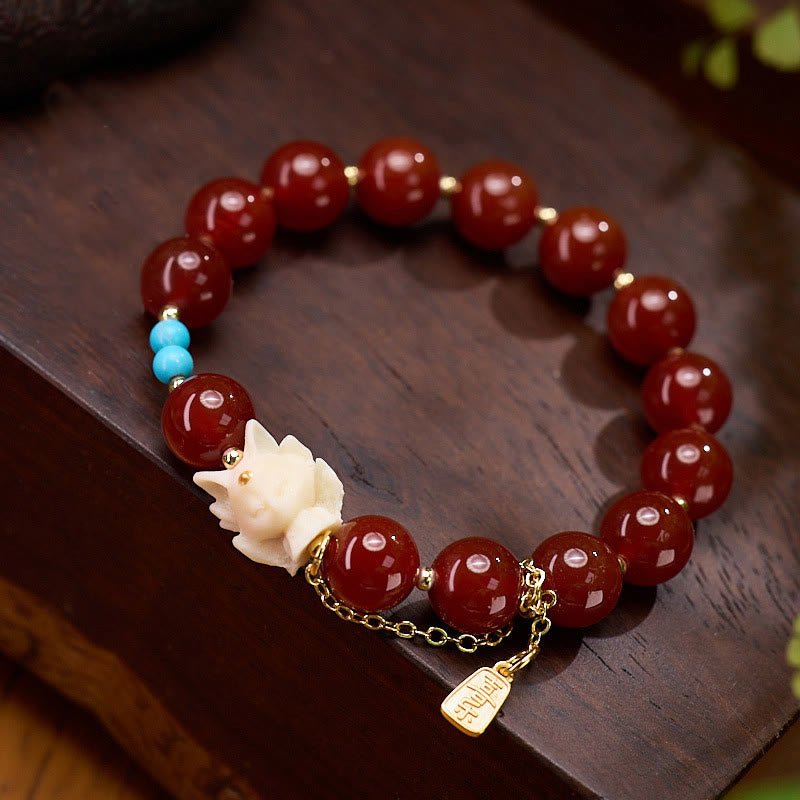 Satori Totem Nine Tailed Fox Joy Red Agate Ivory Fruit Copper Plated Gold Confidence Bracelet