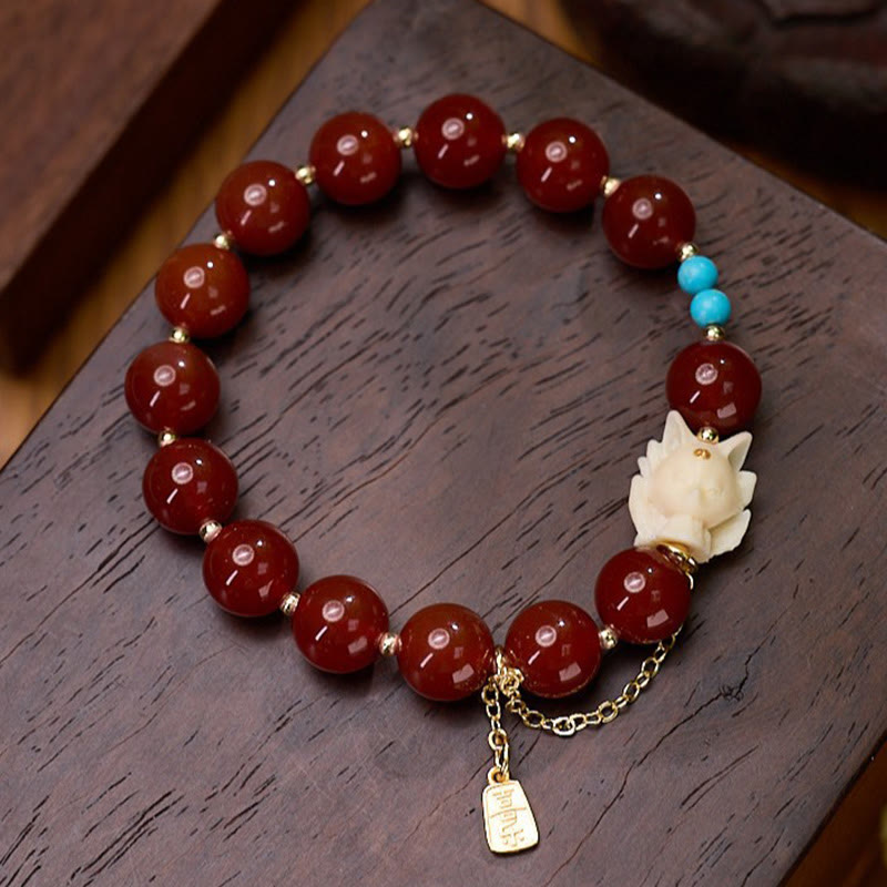 Satori Totem Nine Tailed Fox Joy Red Agate Ivory Fruit Copper Plated Gold Confidence Bracelet