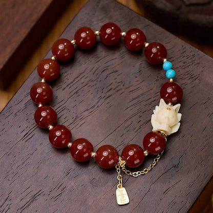 Satori Totem Nine Tailed Fox Joy Red Agate Ivory Fruit Copper Plated Gold Confidence Bracelet