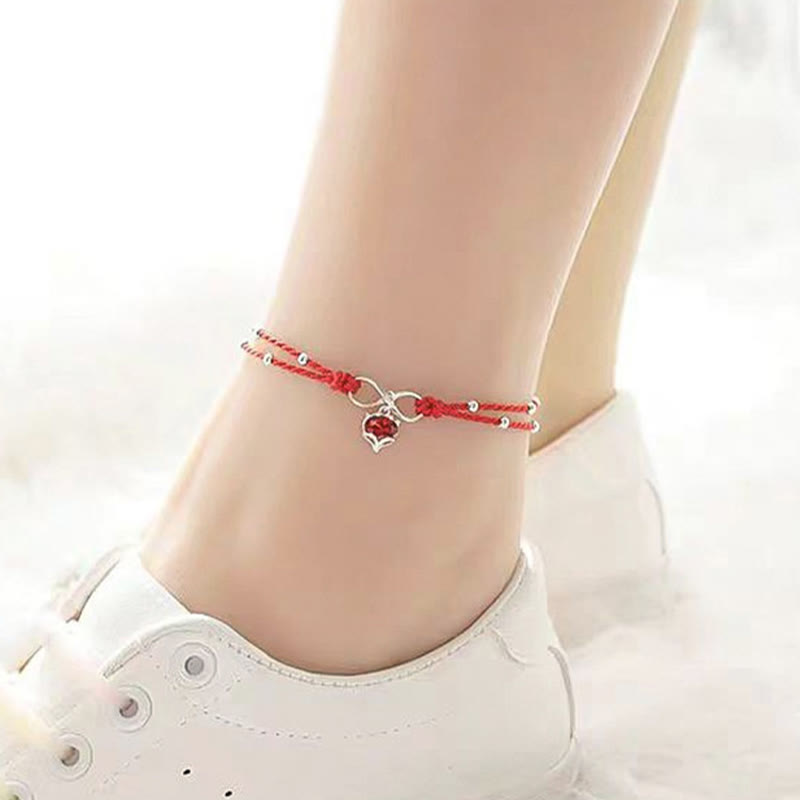 Satori Totem 925 Sterling Silver Fox Peach Blossom Red String Connection Bracelet Anklet