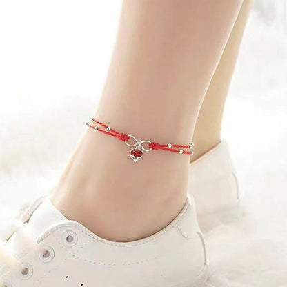 Satori Totem 925 Sterling Silver Fox Peach Blossom Red String Connection Bracelet Anklet