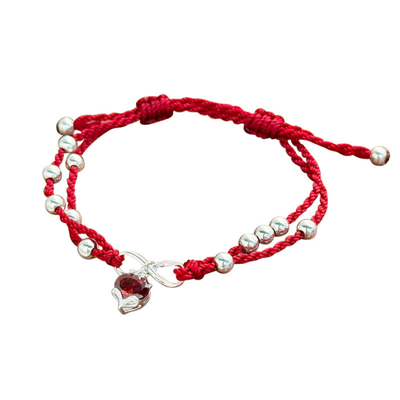 Satori Totem 925 Sterling Silver Fox Peach Blossom Red String Connection Bracelet Anklet