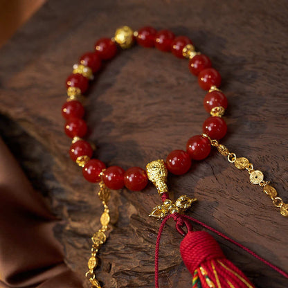 Satori Totem 18 Beads Copper Coins Tibet Tassel Red Agate Calm Wrist Mala