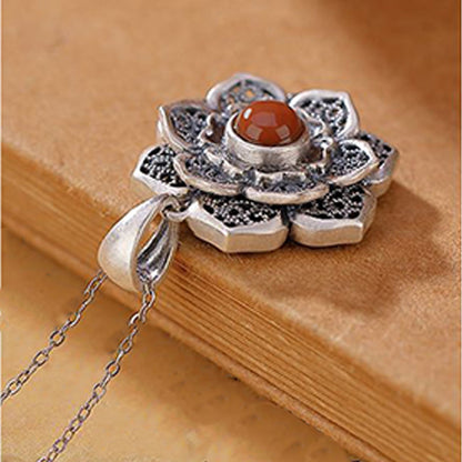 Satori Totem Tibetan Om Mani Padme Hum Lotus Pattern Red Agate Copper Necklace Pendant