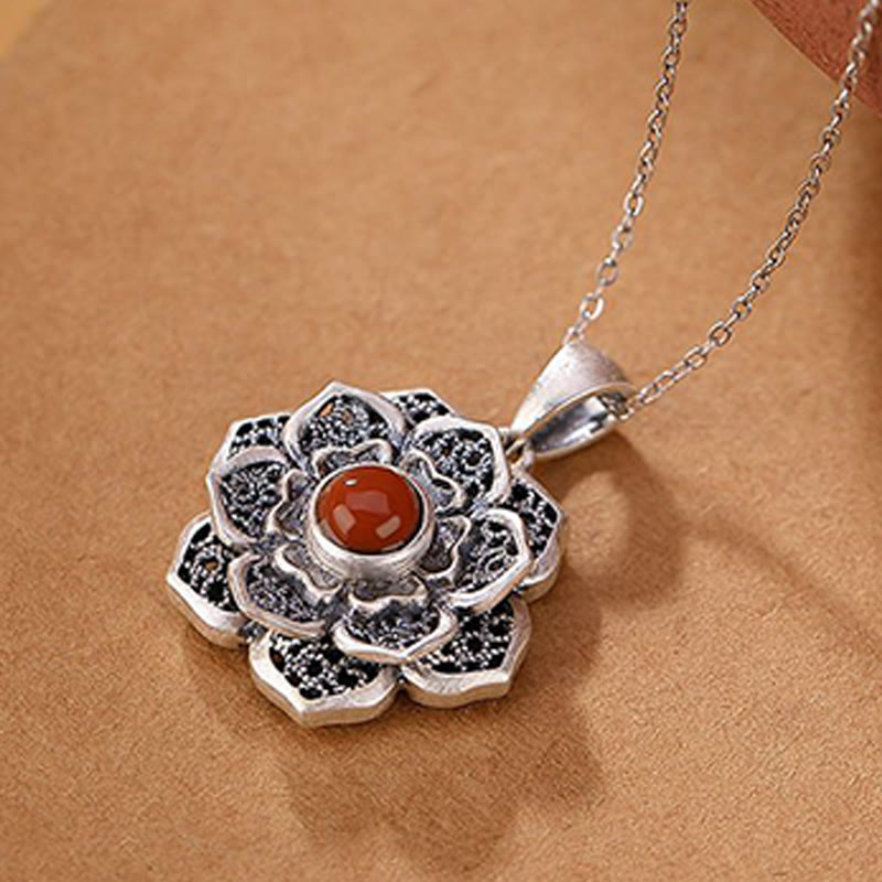 Satori Totem Tibetan Om Mani Padme Hum Lotus Pattern Red Agate Copper Necklace Pendant