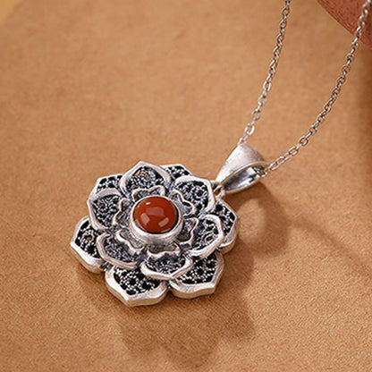 Satori Totem Tibetan Om Mani Padme Hum Lotus Pattern Red Agate Copper Necklace Pendant