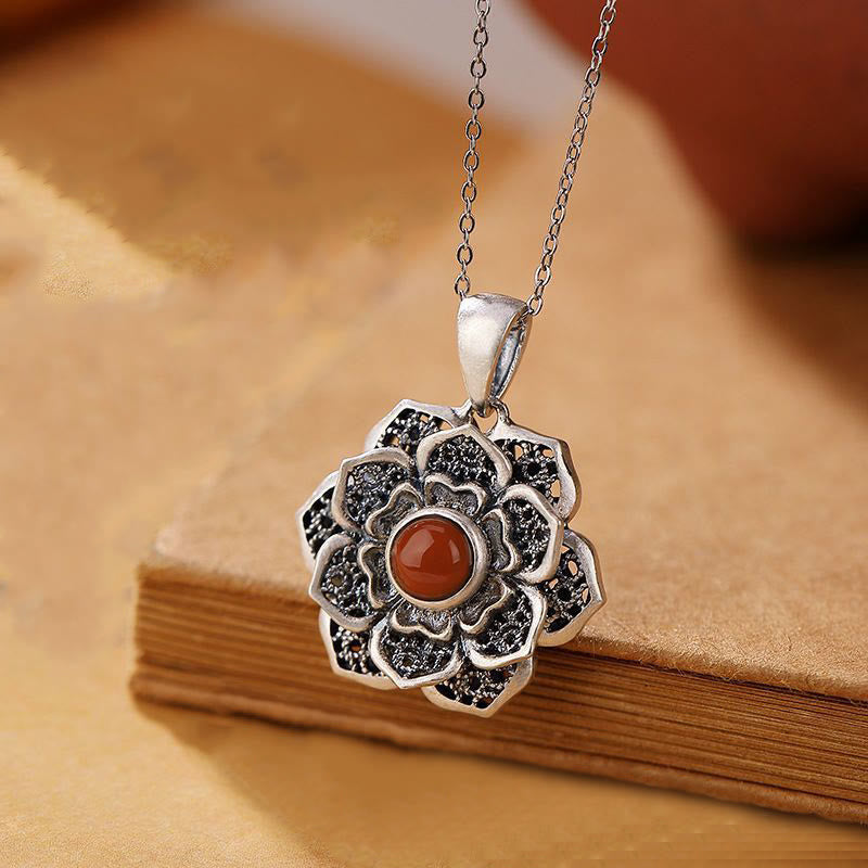 Satori Totem Tibetan Om Mani Padme Hum Lotus Pattern Red Agate Copper Necklace Pendant