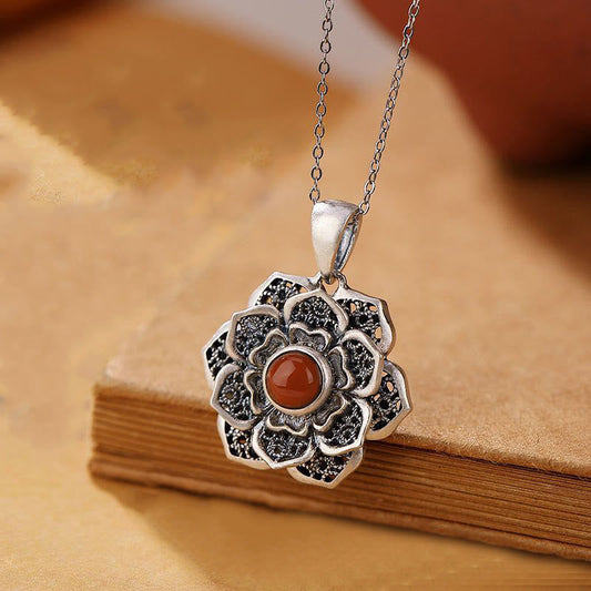 Satori Totem Tibetan Om Mani Padme Hum Lotus Pattern Red Agate Copper Necklace Pendant