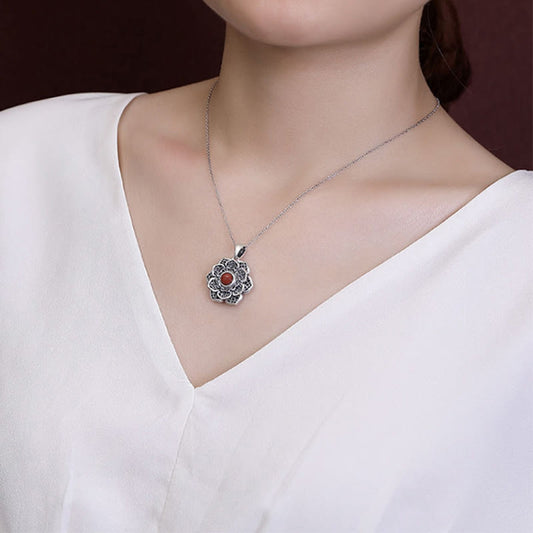 Satori Totem Tibetan Om Mani Padme Hum Lotus Pattern Red Agate Copper Necklace Pendant