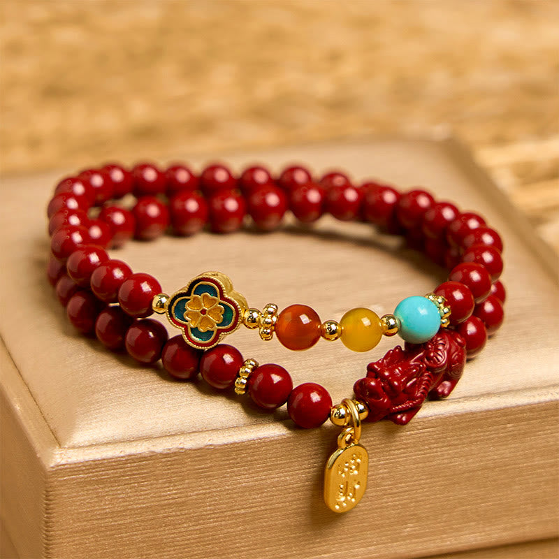 Satori Totem Cinnabar PiXiu Fu Character Blessing Double Wrap Bracelet