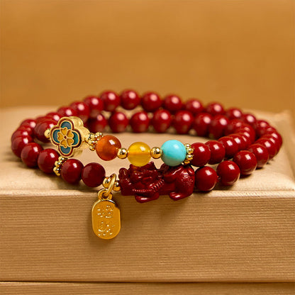 Satori Totem Cinnabar PiXiu Fu Character Blessing Double Wrap Bracelet
