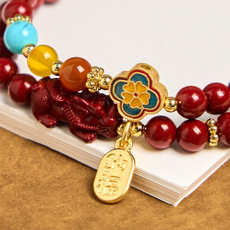 Satori Totem Cinnabar PiXiu Fu Character Blessing Double Wrap Bracelet
