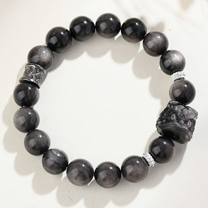 Buddha Stones Natural Silver Sheen Obsidian Lion Dance Protection Bracelet