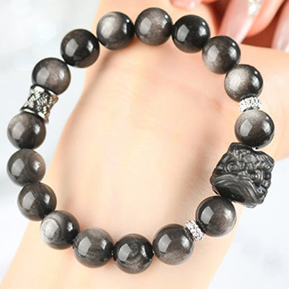 Buddha Stones Natural Silver Sheen Obsidian Lion Dance Protection Bracelet