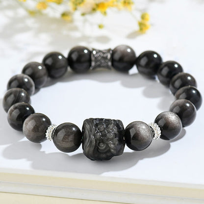 Buddha Stones Natural Silver Sheen Obsidian Lion Dance Protection Bracelet