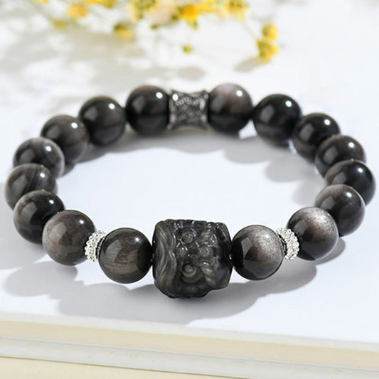 Buddha Stones Natural Silver Sheen Obsidian Lion Dance Protection Bracelet