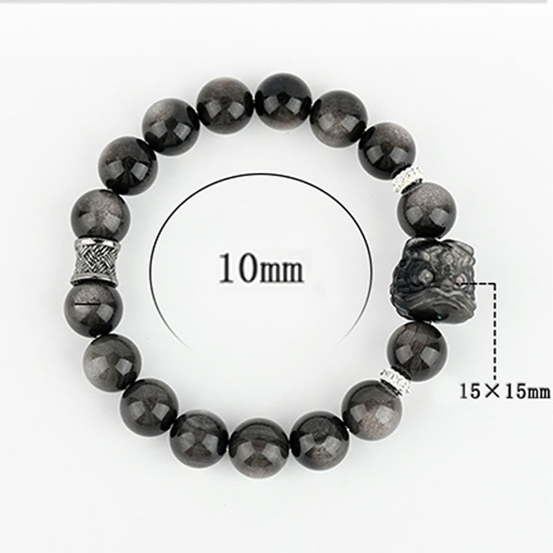 Buddha Stones Natural Silver Sheen Obsidian Lion Dance Protection Bracelet
