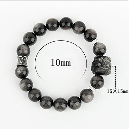 Buddha Stones Natural Silver Sheen Obsidian Lion Dance Protection Bracelet