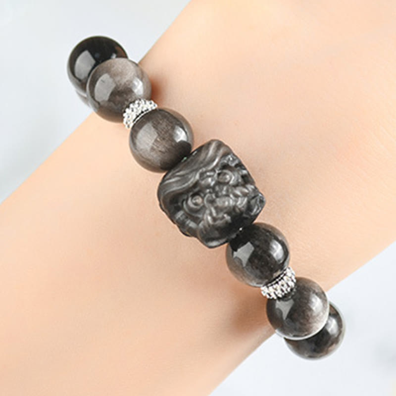 Buddha Stones Natural Silver Sheen Obsidian Lion Dance Protection Bracelet