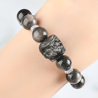 Buddha Stones Natural Silver Sheen Obsidian Lion Dance Protection Bracelet